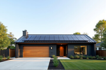 A Modern Sustainable house with sleek solar panels integrated into a flat roof, framed by minimalist landscaping.