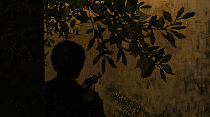 Silhouetted child aiming rifle, urban jungle backdrop, post-apocalyptic setting, survival game concept