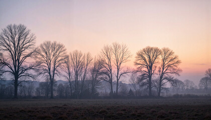 Obraz premium Silhouetted trees at dawn in open field, serene morning ambiance