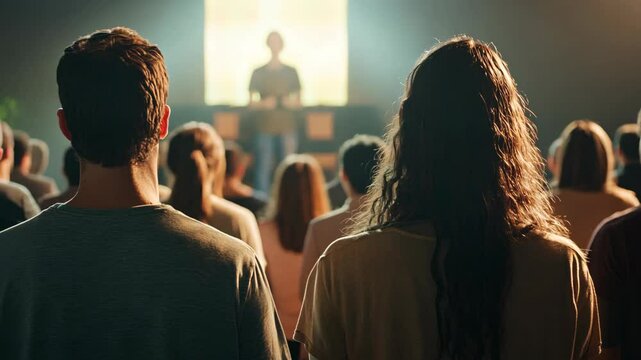 men and women people attending church worship or Sunday service event focusing listen to the preacher