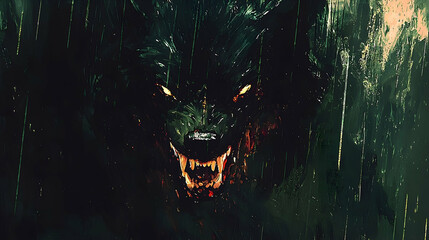Raining, snarling wolf portrait, dark forest background, fantasy art, game asset