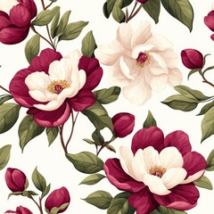 A vibrant floral pattern featuring red and white magnolia blooms with lush green leaves on a light background.