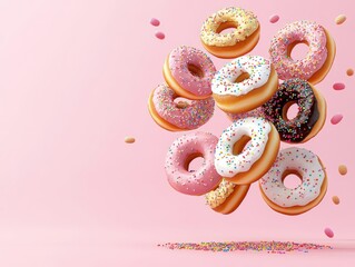 Colorful assortment of donuts with sprinkles floating against a pink background