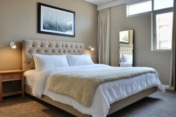 Fototapeta premium Modern bedroom with king-size bed, beige headboard, and large window.