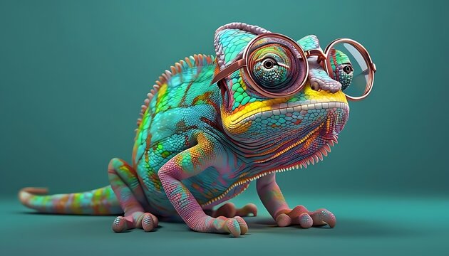 Vibrant 3D Chameleon With Oversized Glasses On Teal Surface
