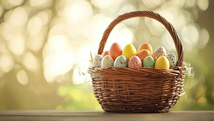 Cheerful painted Easter eggs in a basket with caption space.