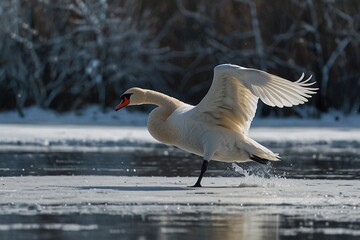 Fototapeta premium A beautiful white swan gliding over a frozen lake.
