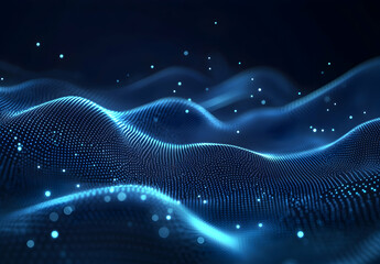 Abstract blue particle wave background with glowing light dots, a representation of data flow, technology innovation, and futuristic digital network landscapes