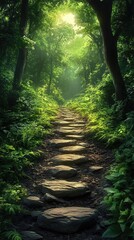 Obraz premium Serene forest pathway with sun filtering through trees, inviting exploration and tranquility