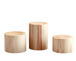 3 wood cylinder podiums, png transparent background