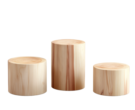 3 wood cylinder podiums, png transparent background
