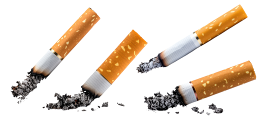 Collection of broken cigarettes with ash isolated on transparent background
