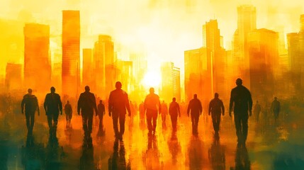 Fototapeta premium Watercolor-style dreamy illustration of workers walking into the sunrise, symbolizing hope and a bright future