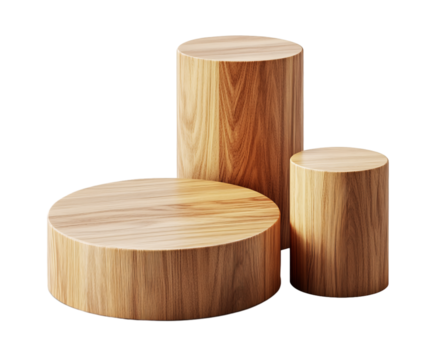 3 wood cylinder podiums, png transparent background