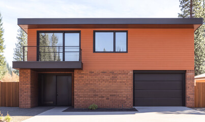 Modern orange house with large windows and a driveway in a serene residential area