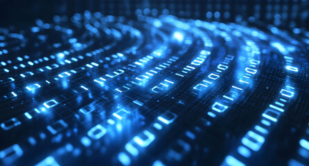 Abstract futuristic background with glowing digital binary code flowing in a circular pattern, representing advanced technology and data streams visualization
