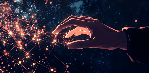 Abstract hand manipulating data network, depicting the interconnectedness of digital information and technology, symbolizing the power of connection and innovation