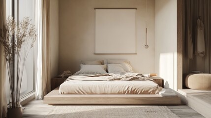 Cozy and stylish bedroom with a sleek low bed frame, neutral tones, and an inviting reading nook