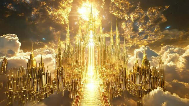 celestial heaven kingdom with gold castle in cloud with starburst light, majestic breathtaking scene c