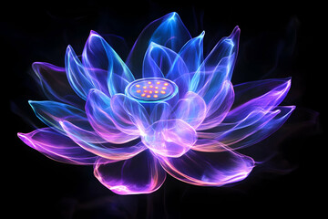 Abstract Lotus Blossom with Luminous Petals on Black Background, A Captivating Display of Light, Color, and Artistic Floral Representation