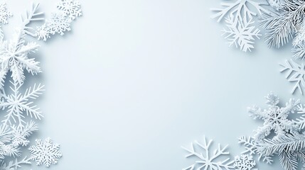Obraz premium Elegant arrangement of white snowflakes on a light background, perfect for seasonal or holiday designs.