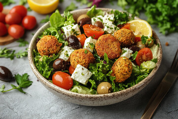Mediterranean falafel salad with crispy chickpea fritters, olives, feta, and lemon dressing