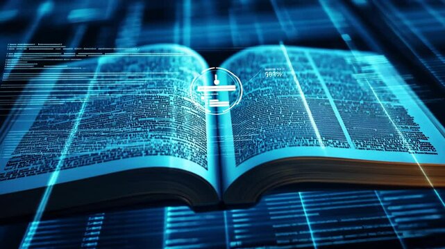 a bible book opened placed in digital cybernetic space with neon light data floating around