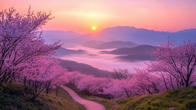 Romantic Sakura Trees Overlooking a Misty Valley