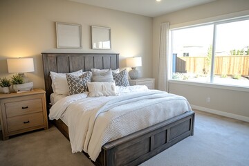 Fototapeta premium Modern bedroom with king-size bed, nightstands, and large window.