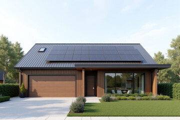Fototapeta premium A Modern Sustainable house with sleek solar panels integrated into a flat roof, framed by minimalist landscaping.