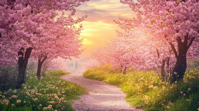 Sakura Trees in Full Bloom at Sunrise
