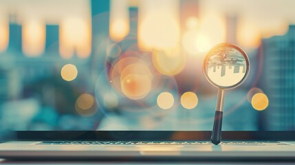 Close-up of laptop screen with search bar and magnifying glass icon, representing online privacy and data security concerns in digital age.