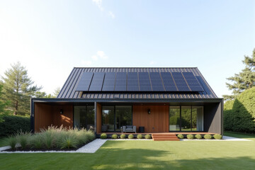A Modern Sustainable house with sleek solar panels integrated into a flat roof, framed by minimalist landscaping.