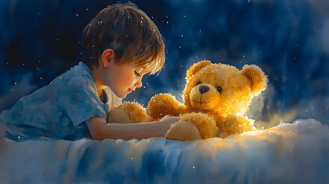 Watercolor painting of a bedtime story scene with a child holding a teddy bear, feeling safe and loved