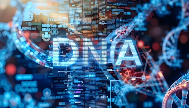Glowing DNA Strands on Futuristic Science and Technology Background