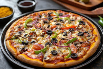 Cheesy vegetarian pizza topped with mushrooms, bell peppers, olives, and onions on a pizza pan