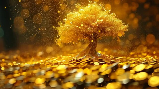 golden gold coin tree has coins as leaves that fall on ground, idea for limitless income, wealth and prosperity, rich and successful business growth