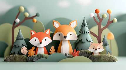 Obraz premium Whimsical woodland animals gather in a serene forest papercut scene charming art installation tranquil environment artistic viewpoint