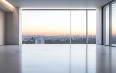 Fototapeta premium Modern interior with panoramic view of city skyline during sunset