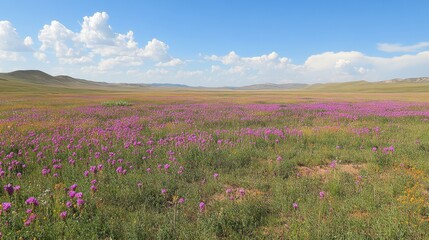 Fototapeta premium Vast field of purple wildflowers under a blue sky. Perfect for illustrating nature, spring, or travel themes.