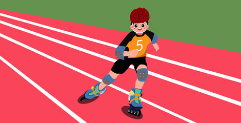 A determined young athlete, donning a numbered jersey, a vibrant red helmet, and essential protective gear, smoothly maneuvers on roller skates along the vividly - lined red track, embracing the thril