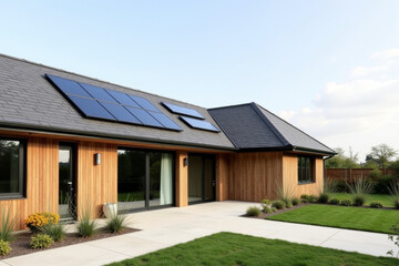 Naklejka premium A Modern Sustainable house with sleek solar panels integrated into a flat roof, framed by minimalist landscaping.