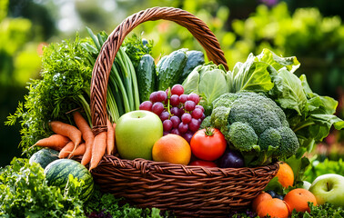 Fototapeta premium Abundant Harvest, A Wicker Basket Overflowing with Fresh, Colorful Fruits and Vegetables, Showcasing the Bounty of Nature and the Beauty of Healthy Eating
