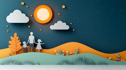 Silhouettes of a family standing on a hilltop at sunset scenic landscape digital art serene environment family bonding concept