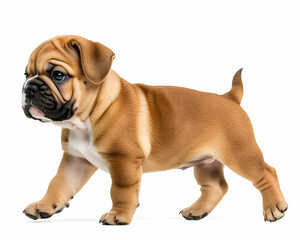 Adorable Bulldog Puppy Walking, A Charming Portrait of Canine Innocence and Curiosity on a Clean White Background, Capturing the Playful Spirit of Man's Best Friend