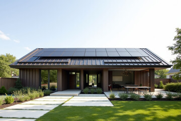 Naklejka premium A Modern Sustainable house with sleek solar panels integrated into a flat roof, framed by minimalist landscaping.