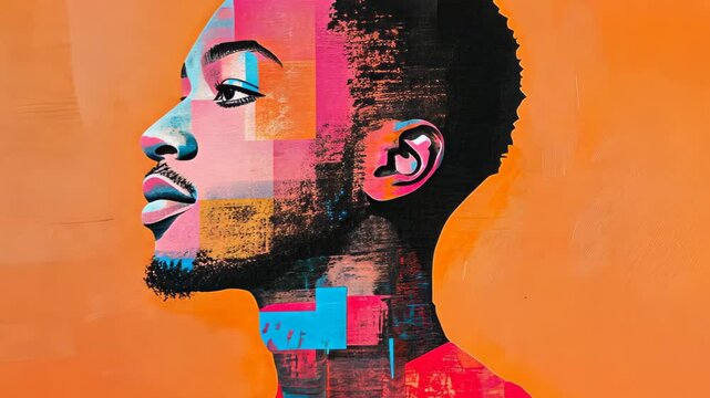 Vibrant Paper Collage of African Man with Colorful Abstract Shapes on Bold Orange Background Inspiring Pop Art Style