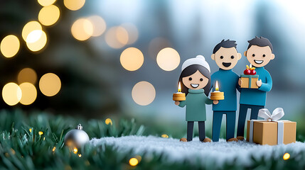 Fototapeta premium Family celebrating a festive holiday in a cozy setting papercut style joyful atmosphere winter wonderland close-up view togetherness concept