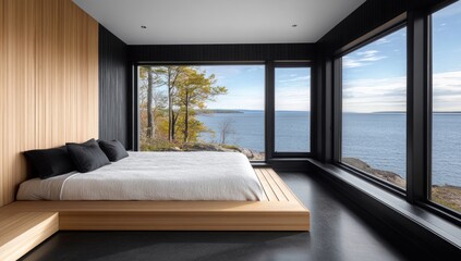 Modern bedroom with lake view, platform bed, and wood accent wall.