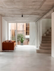 Modern minimalist interior design featuring a staircase and natural light in urban setting